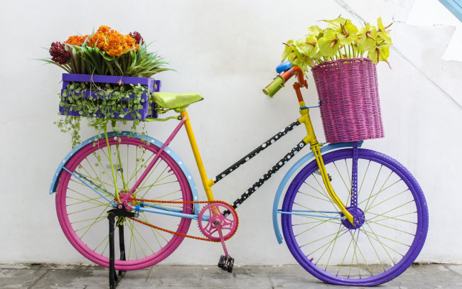 Обои картинки фото цветы, разные вместе, flowers, ретро, букет, флористика, велосипед