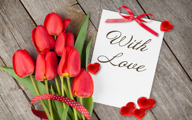 Обои картинки фото цветы, тюльпаны, with, love, romantic, hearts, red, tulips, flowers, букет, сердечки, любовь