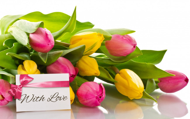 Обои картинки фото цветы, тюльпаны, with, love, romantic, tulips, flowers, букет, бант, любовь