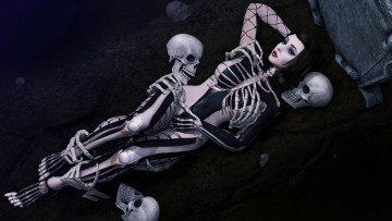 Картинка 3д+графика ужас+ horror девушка взгляд фон скелеты