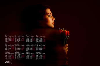 обоя календари, девушки, тюльпаны, анфас