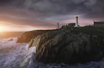 Картинка природа маяки пуэнт-де-сен-матье море закат франция бретань