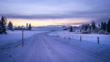 Картинка природа дороги дорога деревья поле закат зима