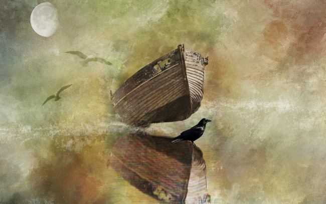 Обои картинки фото корабли, рисованные, луна, лодка, отражение, птица
