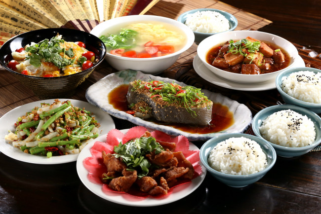 Обои картинки фото еда, разное, рис, рыба, мясо, суп