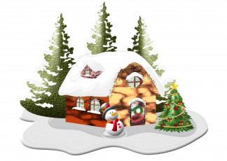 Картинка праздничные векторная+графика+ новый+год ели дом снег снеговик
