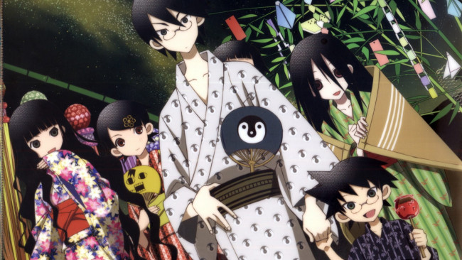 Обои картинки фото аниме, sayonara zetsubo sensei, ребенок, девочки, парень, кимоно, веер