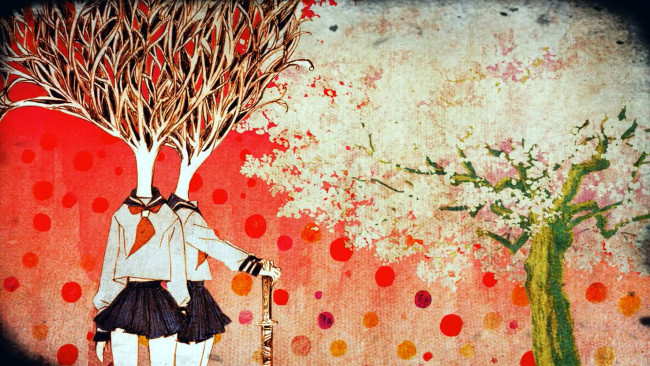 Обои картинки фото аниме, sayonara zetsubo sensei, сакура, форма, девочки, деревья