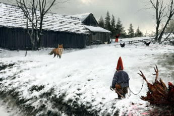 Картинка фэнтези существа дом зима снег куры лиса гном