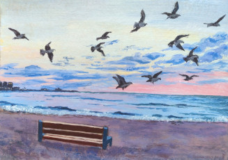 обоя рисованное, живопись, море, птицы, скамейка