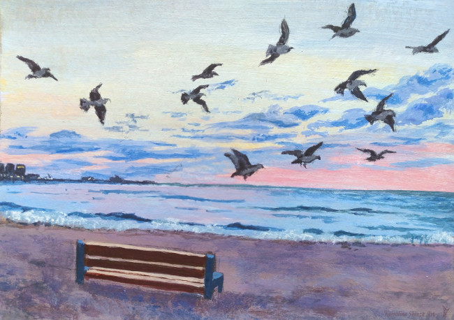 Обои картинки фото рисованное, живопись, море, птицы, скамейка