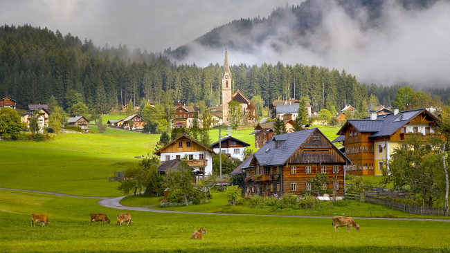 Обои картинки фото gosau, village, austria, города, пейзажи, дымка, трава, луг, austri, австрия