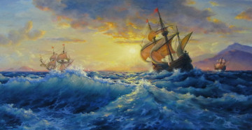 обоя корабли, рисованные, фрегат, море