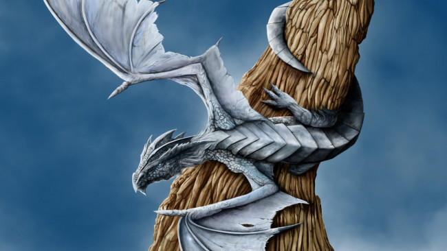 Обои картинки фото dragon, фэнтези, драконы, дерево, дракон, крылья