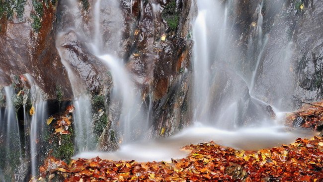 Обои картинки фото природа, водопады, река, скала, осень, листья