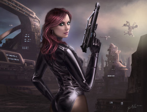 Картинка фэнтези девушки база корабли станция планета спиной оружие пистолет девушка арт