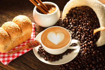 обоя еда, кофе,  кофейные зёрна, какао, молоко, сердце, любовь, coffe, чашка, heart, love