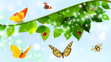 обоя векторная графика, животные, бабочки, листья, ветка