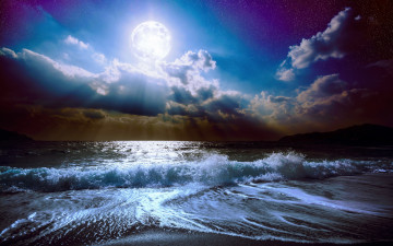 обоя природа, стихия, full, moon, sky, sea, ocean, waves, beautiful, nature, луна, лунный, свет, ночь, пейзаж, облака, полная, небо, море, океан, волны, красивая