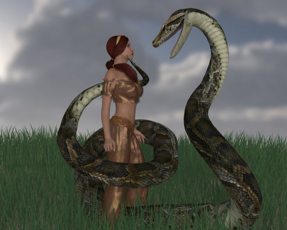 Обои картинки фото 3д графика, фантазия , fantasy, девушка, взгляд, трава, змея