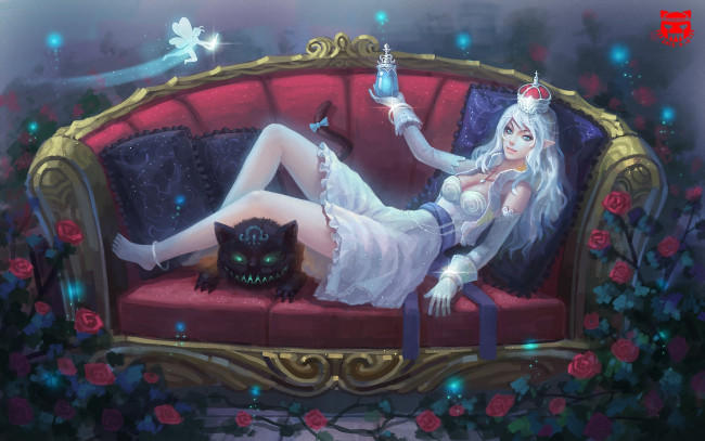 Обои картинки фото фэнтези, эльфы, эльф, фея, кот, цветы, диван, девушка