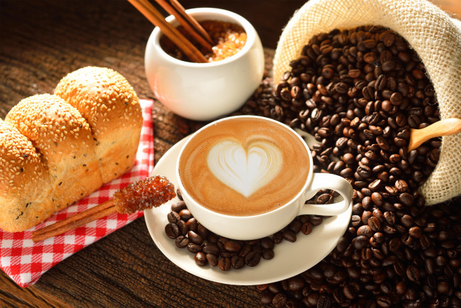 Обои картинки фото еда, кофе,  кофейные зёрна, какао, молоко, сердце, любовь, coffe, чашка, heart, love
