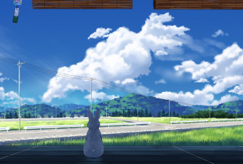 Картинка аниме животные +существа облака арт кролик