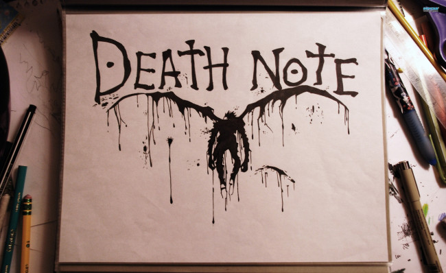 Обои картинки фото аниме, death note, death-note, макро, тетрадь, смерти, клякса, рюк