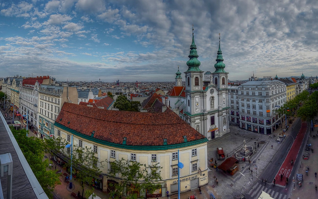 Обои картинки фото города, вена , австрия, перекресток, вена, облака, дома, vienna, небо, улица, mariahilf, церковь