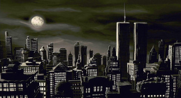 обоя рисованное, города, луна, ночь, здания