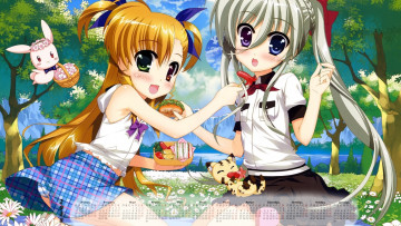 Картинка календари аниме девочка цветы еда растения котенок двое