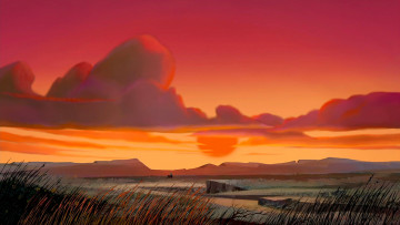 Картинка рисованное природа долина облака растения