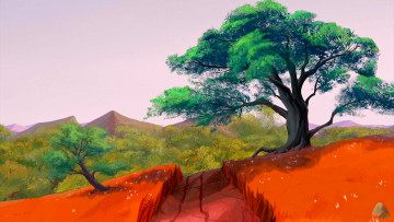 Картинка рисованное природа гора деревья дорога