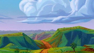 Картинка рисованное природа облака деревья холм дорога