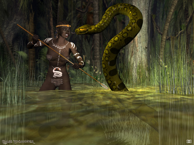 Обои картинки фото 3д графика, фантазия , fantasy, змея, фон, взгляд, девушка