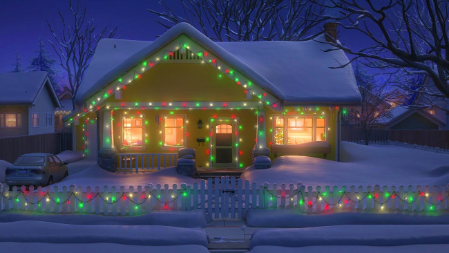 Обои картинки фото рисованное, города, машина, гирлянда, зима, снег, дом, освещение, ночь