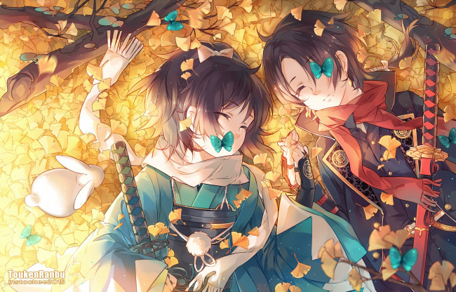 Обои картинки фото аниме, touken ranbu, танец, мечей