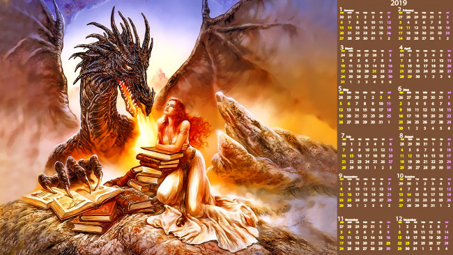 Обои картинки фото календари, фэнтези, девушка, дракон, книга