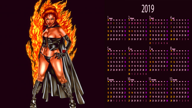Обои картинки фото календари, фэнтези, женщина, взгляд, пламя