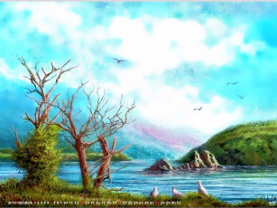 Картинка календари рисованные +векторная+графика природа дерево птица растение водоем 2019 флора calendar