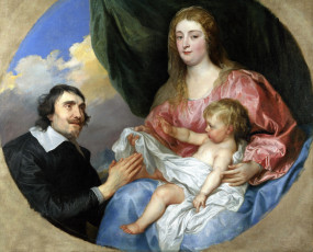 обоя anthony van dyck - the abbe scaglia adoring the virgin and child, рисованное, antoine van dyck, аббат, женщина, ребенок