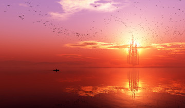 Картинка 3д графика fantasy фантазия закат лодка птицы замок