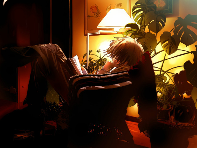 Обои картинки фото аниме, *unknown, другое, светильник, книга, парень, растение, кресло