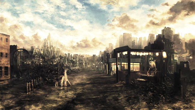Обои картинки фото аниме, *unknown, другое, девочка, собака, робот, город, будущее