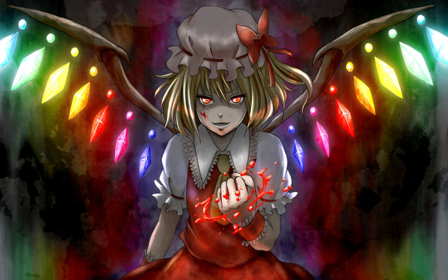 Обои картинки фото аниме, touhou, фландре, кровь, крылья, демон
