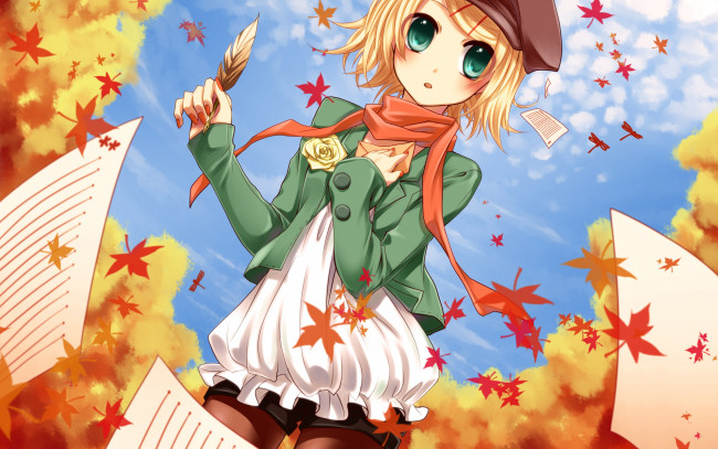Обои картинки фото аниме, *unknown, другое, девушка, осень, листы, перо, небо