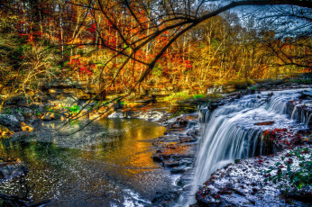 Картинка природа реки озера водопад лес осень листва камни деревья перекаты река