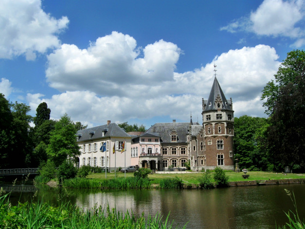 Обои картинки фото бельгия, фландрия, malle, города, дворцы, замки, крепости, мост, замок, озеро, лес