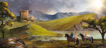 Картинка фэнтези иные+миры +иные+времена прогулка девушка парень всадники кони озеро холмы замок пейзаж арт