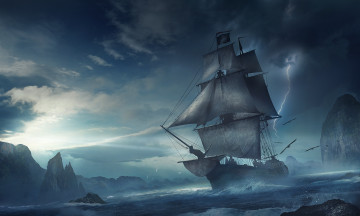 обоя фэнтези, корабли, молния, гроза, волны, море, корабль, пираты